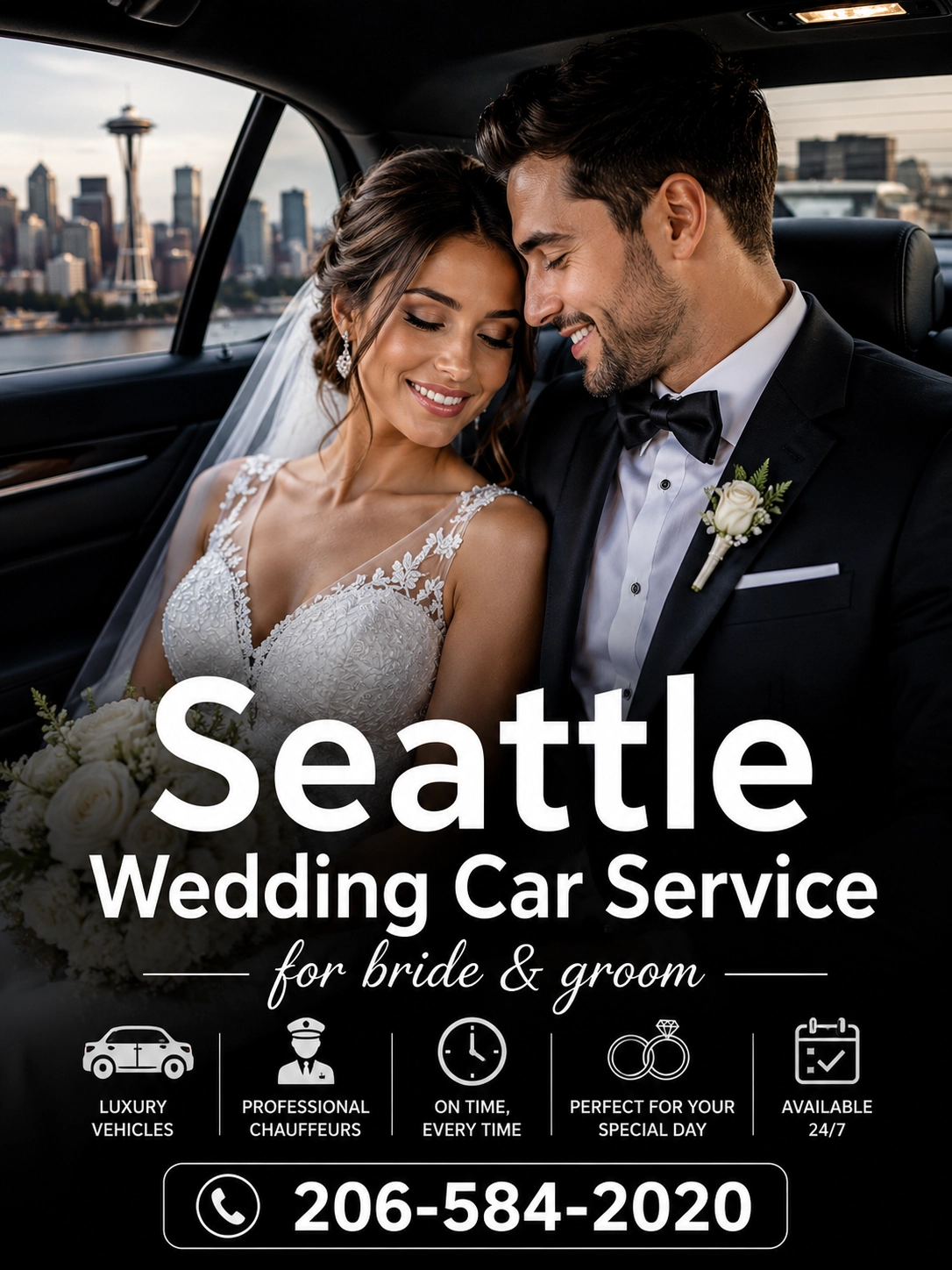 Seattle wedding car service for bride and groom with luxury chauffeur transportation.
